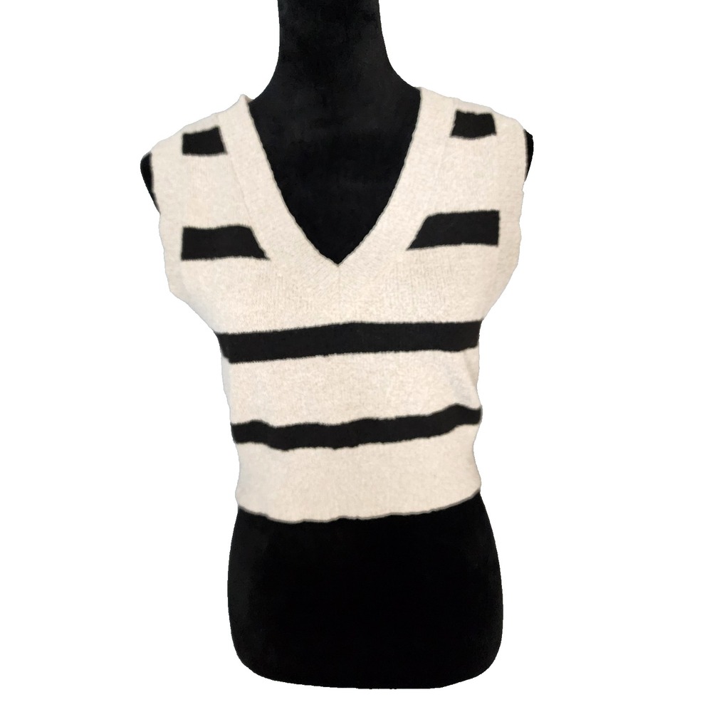 MIOU MUSE Size Small Cream Black Striped V-neck Cropped Sweater Vest Preppy Fall